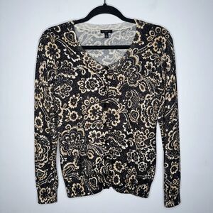 Talbots Women’s Metallic Floral Button Front Cardigan Black Gold Size Petite M